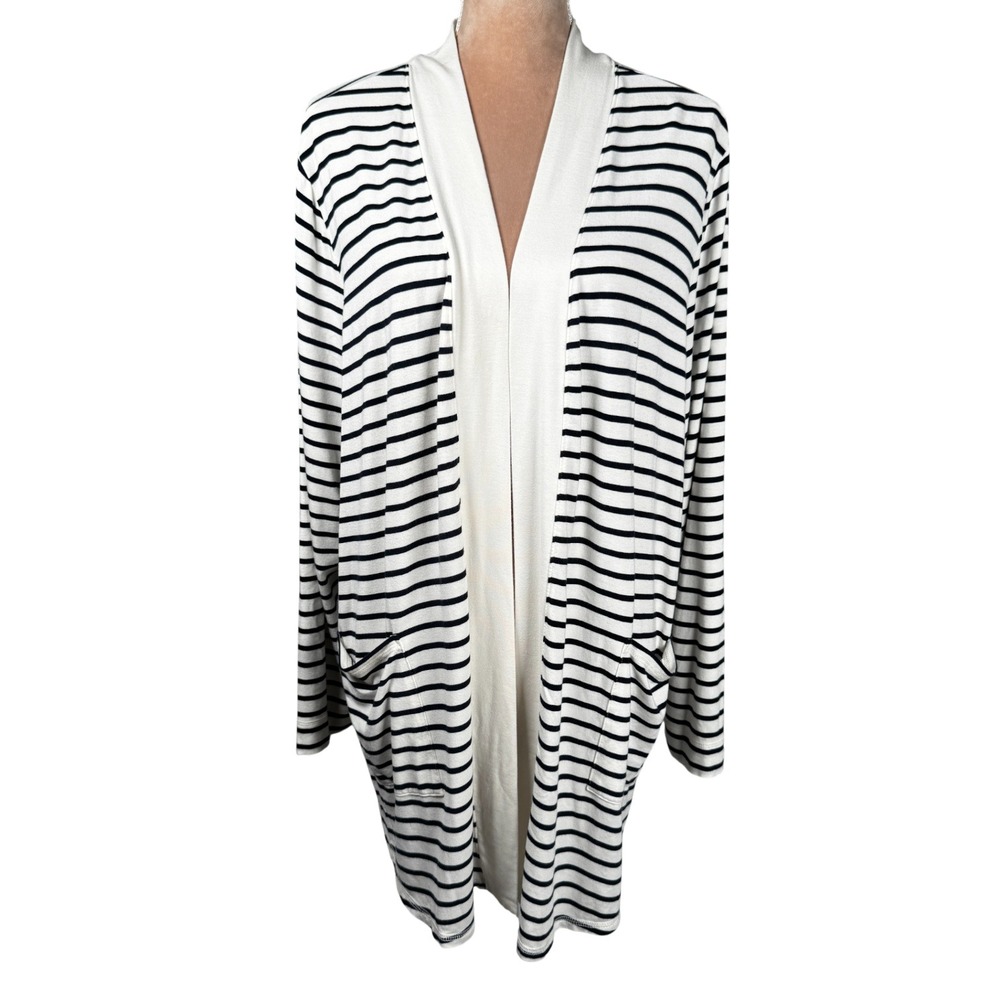 T by Talbots Womens 2X Cardigan Black‎ White Striped Open Front Bamboo UPF 50+